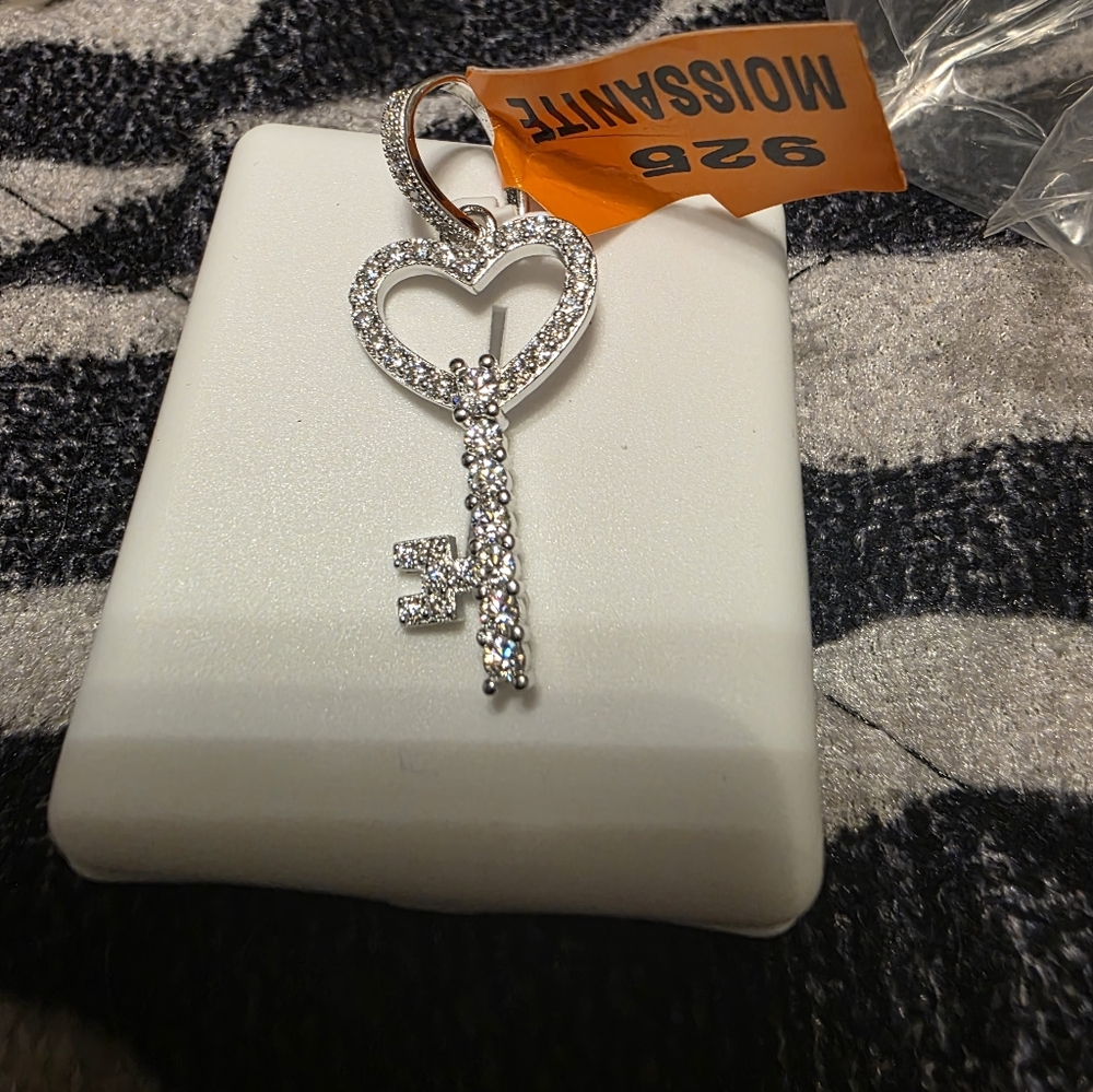 Silver Heart Key Pendant with Crystals